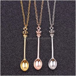 Pendant Necklaces Charm Tiny Tea Spoon Shape Necklace With Crown For Women 3 Colours Creative Mini Long Link Jewellery Drop Delivery Pen Ot1Rv