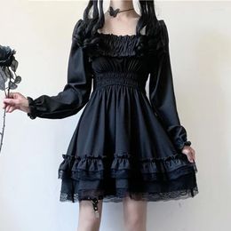 Casual Dresses Lolita Style Women Princess Black Mini Dress Slash Neck High Waist Vintage Gothic Puff Sleeve Lace Ruffles Party