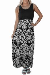 black Boho Solid Tank Floral Print Maxi Dress N64N#