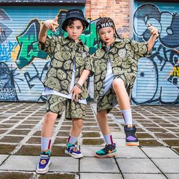 Stage Wear Kid Kpop Hip Hop Clothing Army Green Print Shirt Top Streetwear Summer Shorts For Girl Boy Jazz Dance Costume Clothes Set