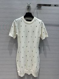 Spring Summer Ivory Solid Colour Rivet Woollen Knitted Dress Short Sleeve Round Neck Short Casual Dresses D3W15491