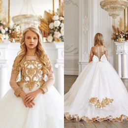 Girl Dresses Luxury Princess Ball Gowns For Kids Flower Golden Appqulies Long Sleeve Maxi Dress Girls Birthday Party