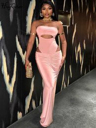 RUKAS Pink Strapless Hollow Out Sexy Bodysuit Ruched Maxi Skirt 2 Piece Sets Summer Women Elegant Festival Rave Party Outfit