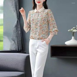 Women's Blouses Floral Chiffon Shirt Women 2023 Spring Summer Style Polo Small Fashion Everything Seven-Point Sleeve Printed Top