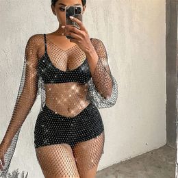 Casual Dresses Vintage Diamond Summer Women Sexy Bikini Cover Up Mesh Fishnet Swimsuit Swimwear Dress Bathing Beachwear Drop 230515