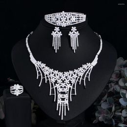 Necklace Earrings Set CWWZircons Cubic Zirconia Cluster Flower Large Tassel Wedding Bridal Pageant 4pcs Dubai For Women T708
