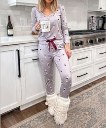 Women's Two Piece Pants Autumn Winter Fashion Printed Pyjama Set Year 2023 Loungewear Pjs Christmas Matching Outfit 2 Pc Casual And Top