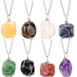 Silver Natural Stone Wire Winding Pendant Irregular Amethyst Rose Quartz Crystal Agate Necklaces Jewelry Accessories