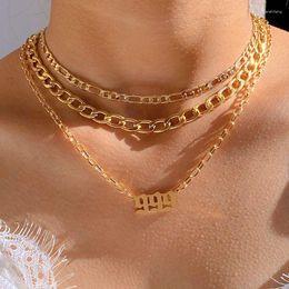 Chains Flatfoosie Stainless Steel 999 Angel Number Pendant Necklace For Women Multi-layer Golden Metal Cuban Chain Jewellery