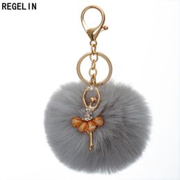 REGELIN Dancing Angel Girl Fluffy Pompom Keychains Fake Rabbit Fur Ball KeyChain Women Bag Charms Jewellery Gift Pompom Keychain