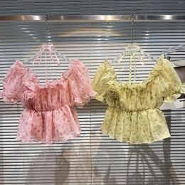 Women's Blouses 2023 Summer Flower Polka Dot Pattern Waist-Tight Elegant Chiffon Shirt Ladies Holiday Beach Short Blouse Women Shirts Blusas