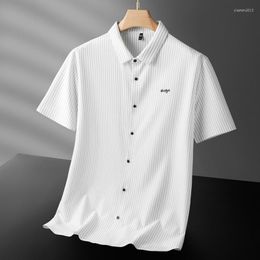 Men's Casual Shirts Plus Size 7XL Seamless Summer Vertical Striped Men's Luxury Short Sleeve Business High Elasticity Man Dress