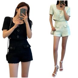 Women's korean fashion 2 pc pants set tweed square collar short sleeve top and shorts twinset SM