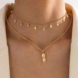 Fashion Geometry Peanut Shell Pendant Double Layer Necklace Alloy Star Pearl Stone Tassel Collar Necklace Set for Women's