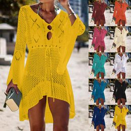 Cover-up 2022 Beach Cover Up Crochet Knitted Tassel Tie Beachwear Tunic Long Pareos Summer Swimsuit Cover Up Sexy Seethrough Beach Dress