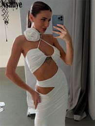 Two Piece Dress Nsauye Summer Casual Beach Women Sexy Club Skirt Suit Hollow Out Skinny Halter Crop Tops And Long Wrap Set 2023 230515