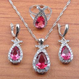 Necklace Earrings Set Natural 925 Silver Rose Red Zirconia Colour Jewellery For Women Wedding Pendant Rings JS0453