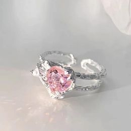 Cluster Rings Solid 925 Sterling Silver Pink Stone Heart For Women Simple Trendy Retro Anillos Party Gifts Accessories