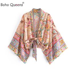 Women's Swimwear Boho Queens Vintage Floral Print Sashes Short Kimono Women Fashion V Neck Batwing Sleeves Ladies Beach Robe Cover-ups 230516