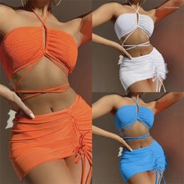 Women's Swimwear Women 3 Pieces Swimsuit Ladies Halter Bikinis Set Solid Lace Up Bathing Suit With Beach-Skirt For Tropical Vacations Ins