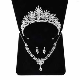 Necklace Earrings Set Sliver Leaf Crystal Bridal Wedding Cubic Zircon Crown Tiaras Earring Choker African Beads Jewelry