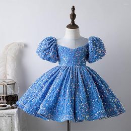 Girl Dresses Puff Sleeve Sequines Girls Princess Dress Birthday Party Luxury Tulle Patchwork Kids Ball Gown Children Performance
