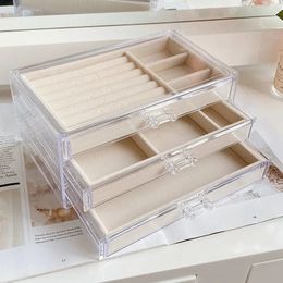 Jewelry Boxes Three-Layer Beige Acrylic Organizers Velvet Jewellery Storage Box Earring Ring Necklace Large Space Jewellery Case Holder Women 230515