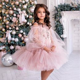 Girl Dresses Exquisite Flower Dress Round Neck Strapless Puff Sleeve Prom Pageant Vestido Little First Communion Ceremony