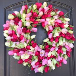 Decorative Flowers Wreaths Simulation Pink Tulip Wreath Wedding Decoration Wall Hanging Wreath Artificial Flowers Wreath Spring Decor For Door Garden 230516