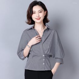 Women's Blouses Chic Black Plaid Shirt Women's Blouse Korean Fashion Ladies Three-Quarter Sleeve Tunic Work Spring Summer 2023