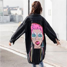 Women's Trench Coats 2023 Antumn Pattern Korean Print Turn-down Collar Long Cowboy Loose Single Breasted Coat Woman Windbreaker