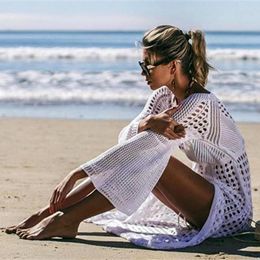 Women's Swimwear Knitted Fishnet Women Bikini Cover Ups Sexy Hollow Out Slit Sun Protaction Dress Summer Beach Suit Coverall Clothing