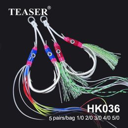 Fishing Hooks TEASER 5pairs Double Eyes Jig Hook Slow Jigging Hook Colourful Feathers Hook Fishing Jighook Assis Hooks Saltwater Pike Fishhooks 230516