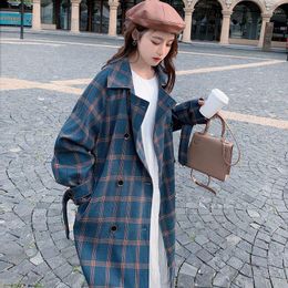 Women's Trench Coats Women French Plaid Double Breasted Design Over-the-knee Coat Temperament All-match Loose Windbreaker Female Autumn