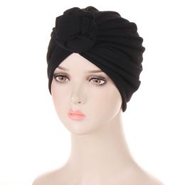 Fashion African Cotton Turban Hats For Women Doughnut Plate Flower Muslim Cap Solid Color Elastic Bonnet Knot Hat Head Wrap HCS333