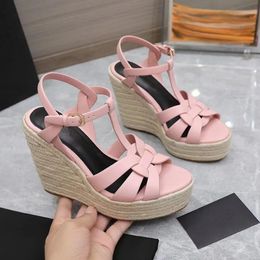 Luxury Women sandal high heels wedges shoes Tribute leather wedge espadrille sandals summer heeled black white leathers pump box 35-43