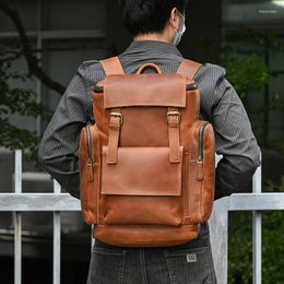 Backpack Crazy Horse Leather Men Travel Large Backpacks Vintage Big Man Real Cowhide Rucksack For 15.6'' Laptop Male Business