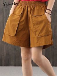 Women's Shorts Yitimoky Women Shorts High Waisted Elastic Band Casual Summer Female COTTON Shorts with Big Pockets Black Army Green Khaki Brown 230516