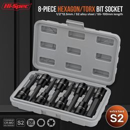 Contactdozen HiSpec 8pc 1/2 Extra Long Hex Bit Socket Set Socket Adapter Tool H414mm For Torque Socket Wrench Hex Torx With Grey Case