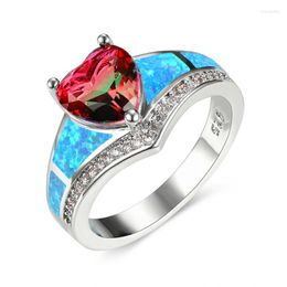 Wedding Rings Boho Female Blue Fire Opal Ring Silver Colour Red Green Heart Promise Love Engagement For Women