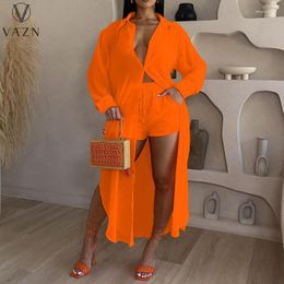 Women's Tracksuits VAZN 2023 Luxury Designer Young Solid Chiffon Sexy Beach Lace Full Sleeve X-Long Clock Short Pants Women 2 Piece Set