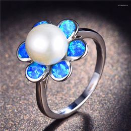 Wedding Rings Boho Female Blue Fire Opal Stone Ring Fashion Big Silver Colour For Women Promise Flower Engagement Finger