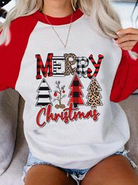 Women's T Shirts Merry Christmas Plaid Letter Tree Cute Long Sleeve Tee Happy Year Print Top Festival Clothes Women Female Graphic T-shirt