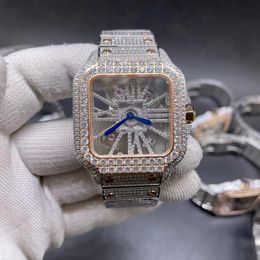 Men's New Iced diamonds watch skeleton see-through dial watch 2 tone rose gold with silver stainless steel case watches quartz movement