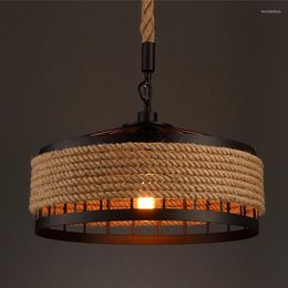 Pendant Lamps Moonlux Vintage Industrial Rope Iron Chain Hanging Lamp Bar Restaurant Round Chandelier Decor Night Light (Without Bulb)