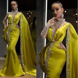 Arabic Lemon Green Crystals Formal Evening Dresses Mermaid Dubai Indian High Neck One Sleeve Cape Beads Long Trumpet Prom Gowns Dress BC10567