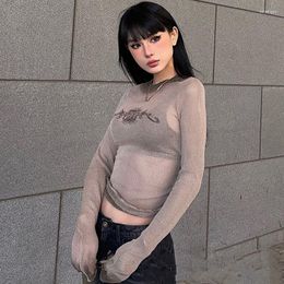 Women's T Shirts Cyber Gothic Mesh See Through T-shirts Techwear Fashion Y2k Streetwear Crop Tops Long Sleeve Bodycon Women Sexy Outfit