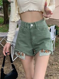 Women's Shorts Denim Shorts Women Sweet Floral Embroidery Sexy High Waist Vintage Fashion Design Slim Summer Female All-match Streetwear 230516