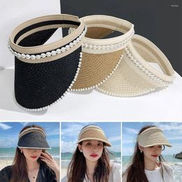 Wide Brim Hats Women Pearl Casual Portable Visors Straw Cap Sun Hat Beach