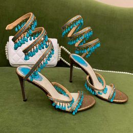 Sandals Turquoise Rene caovilla Luxury Crystal lamp pendant Rhinestone twining foot ring high heeled Designer shoes top quality flash siH